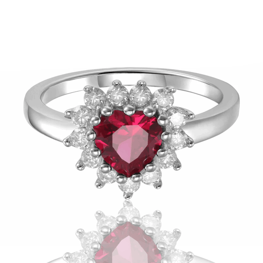 0.94 Ct Heart Red Lab Created Ruby Prong Silver Halo Ring
