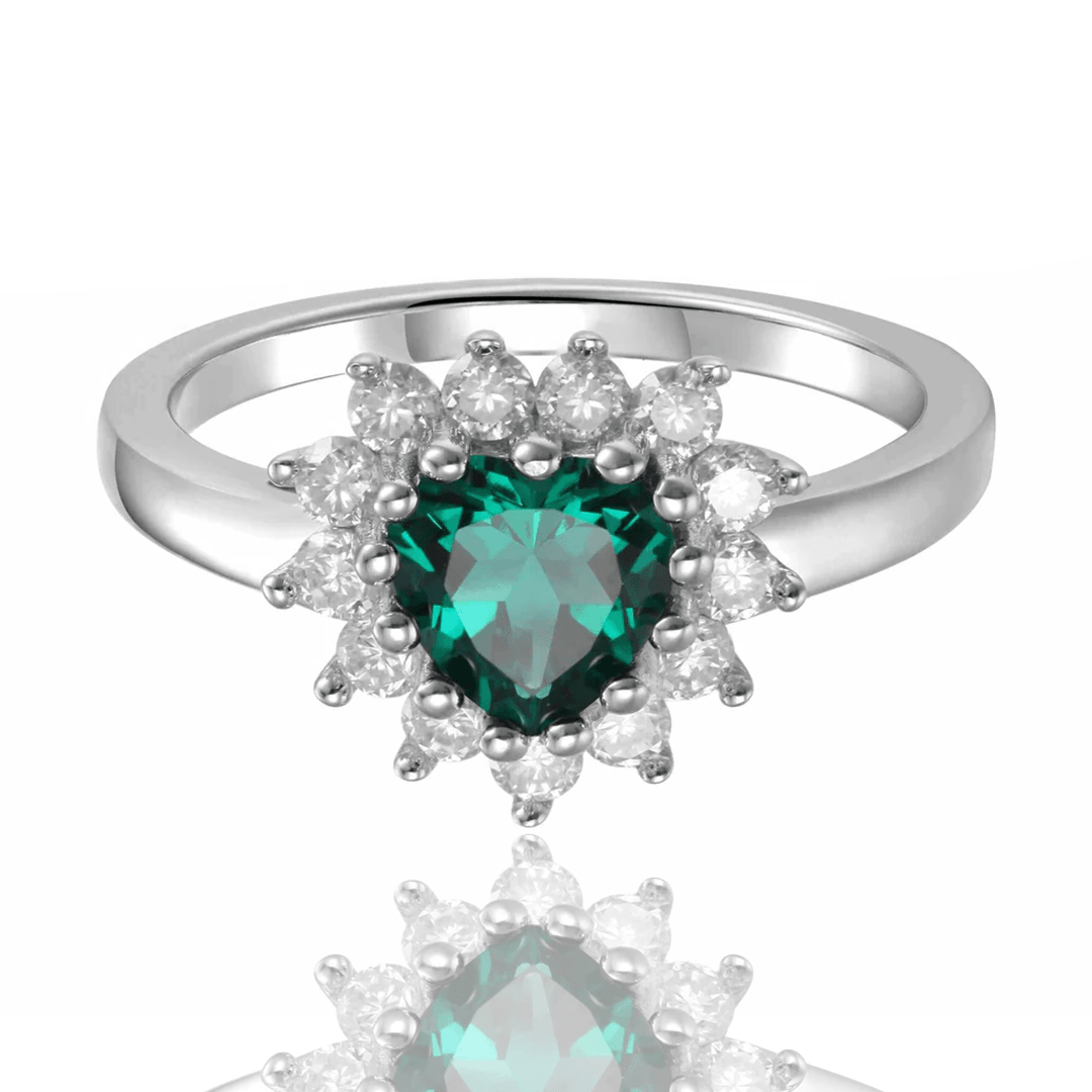 0.93 Ct Heart Green Created Emerald and White Topaz Prong Silver Floral Halo Ring