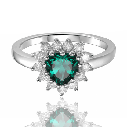 0.93 Ct Heart Green Created Emerald and White Topaz Prong Silver Floral Halo Ring