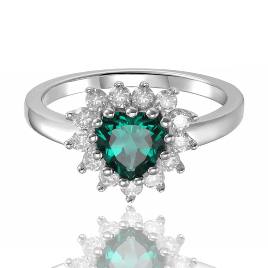 0.93 Ct Heart Green Created Emerald and White Topaz Prong Silver Floral Halo Ring