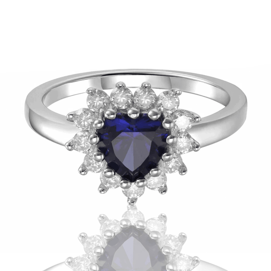 1.22 Heart Created Blue Sapphire and White Topaz Halo Ring