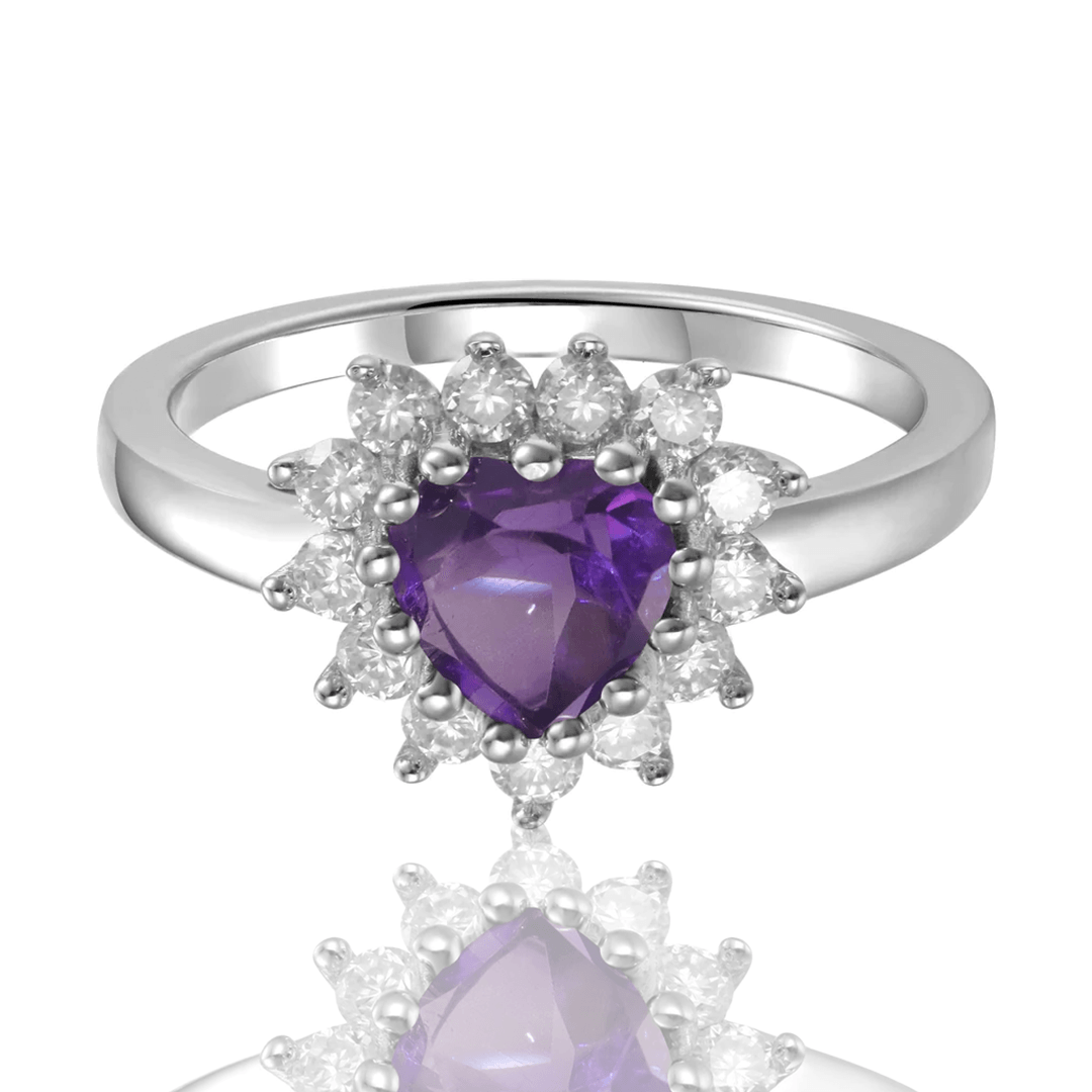 1.01 Ct Heart Purple Amethyst and White Topaz Prong Silver Halo Engagement Ring