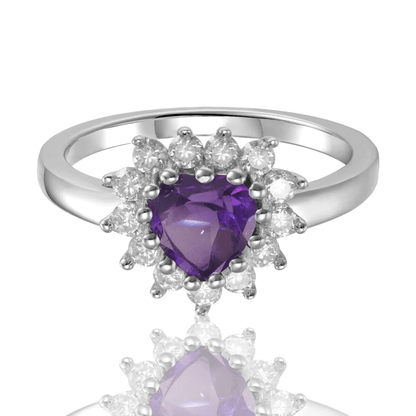 1.01 Ct Heart Purple Amethyst and White Topaz Prong Silver Halo Engagement Ring