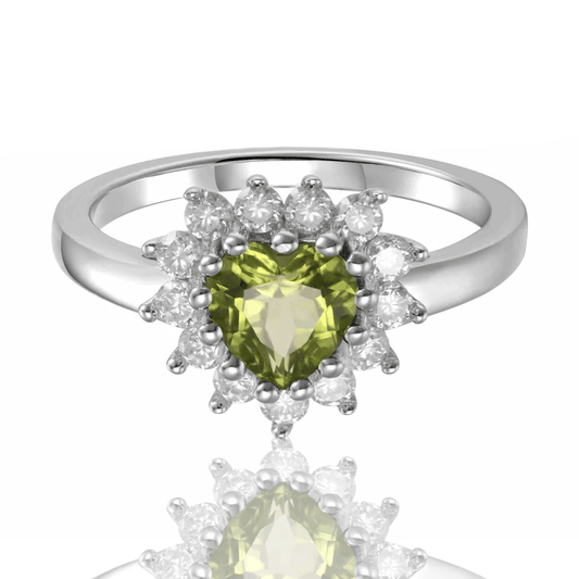1.30 Ct Heart Olive Green Peridot and White Topaz Prong Silver Halo Ring