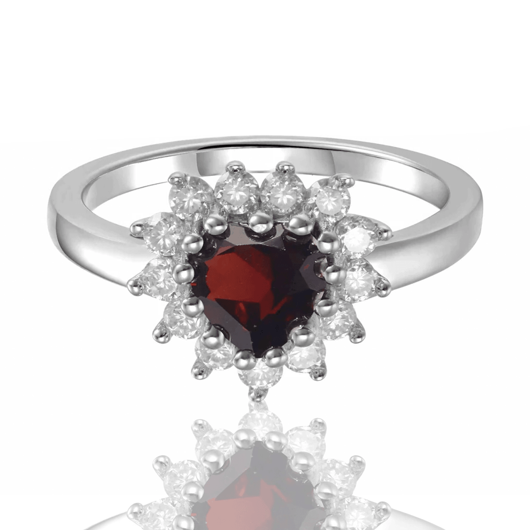 0.90 Ct Heart Red Garnet Prong Silver Halo Ring