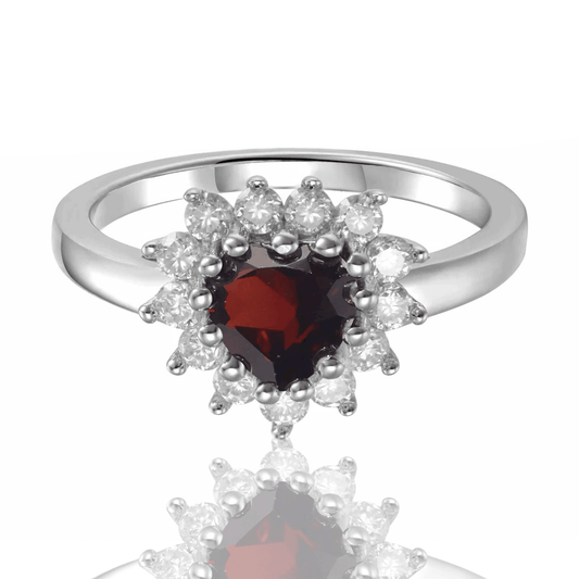 0.90 Ct Heart Red Garnet Prong Silver Halo Ring