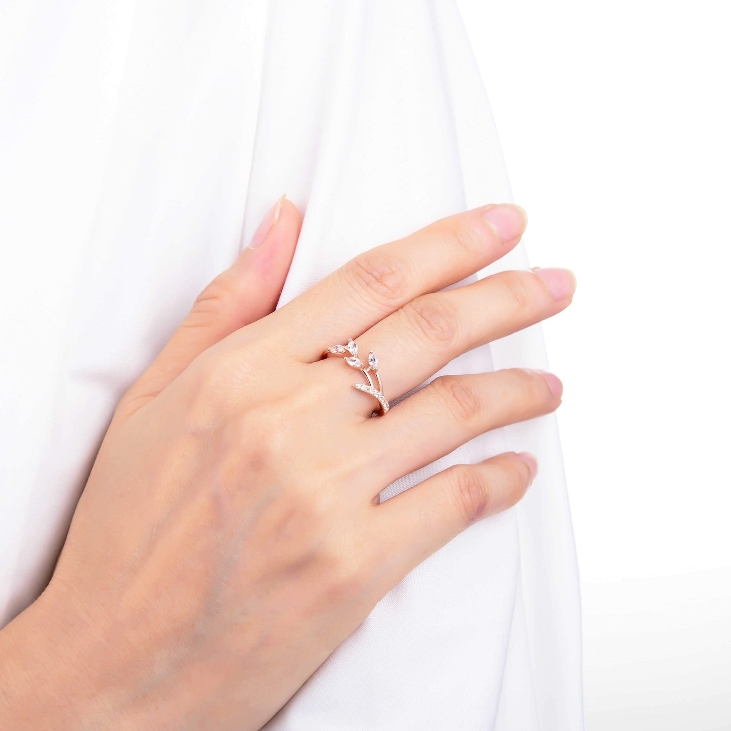 0.45 Ct Marquise White Sapphire Prong Silver Leaf Ring