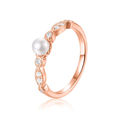 Fresh Water Round White Pearl Rose Gold Plated Silver Half Eternity Ring