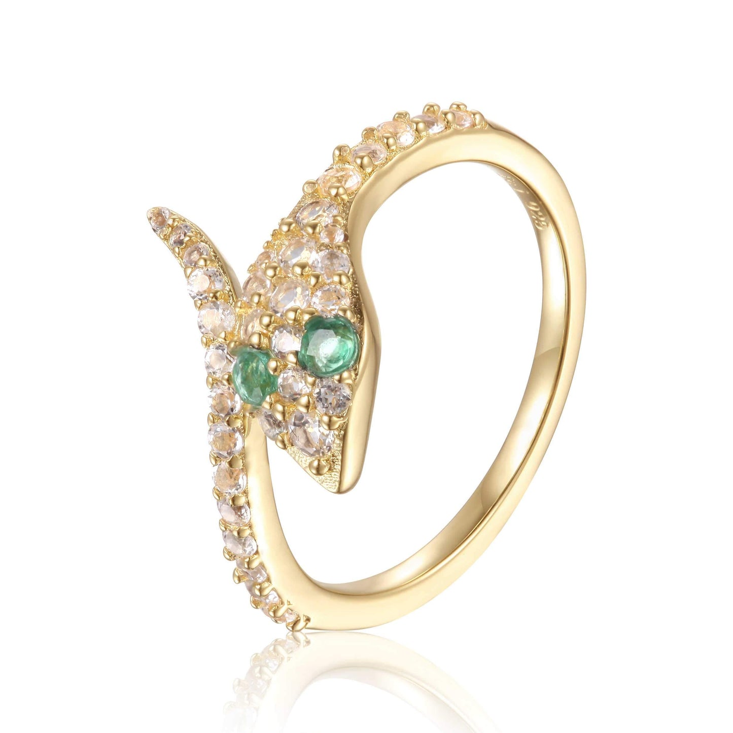 Round Green Emerald Prong Yellow Gold Over Silver Snake Bypass Ring