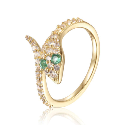 Round Green Emerald Prong Yellow Gold Over Silver Snake Bypass Ring
