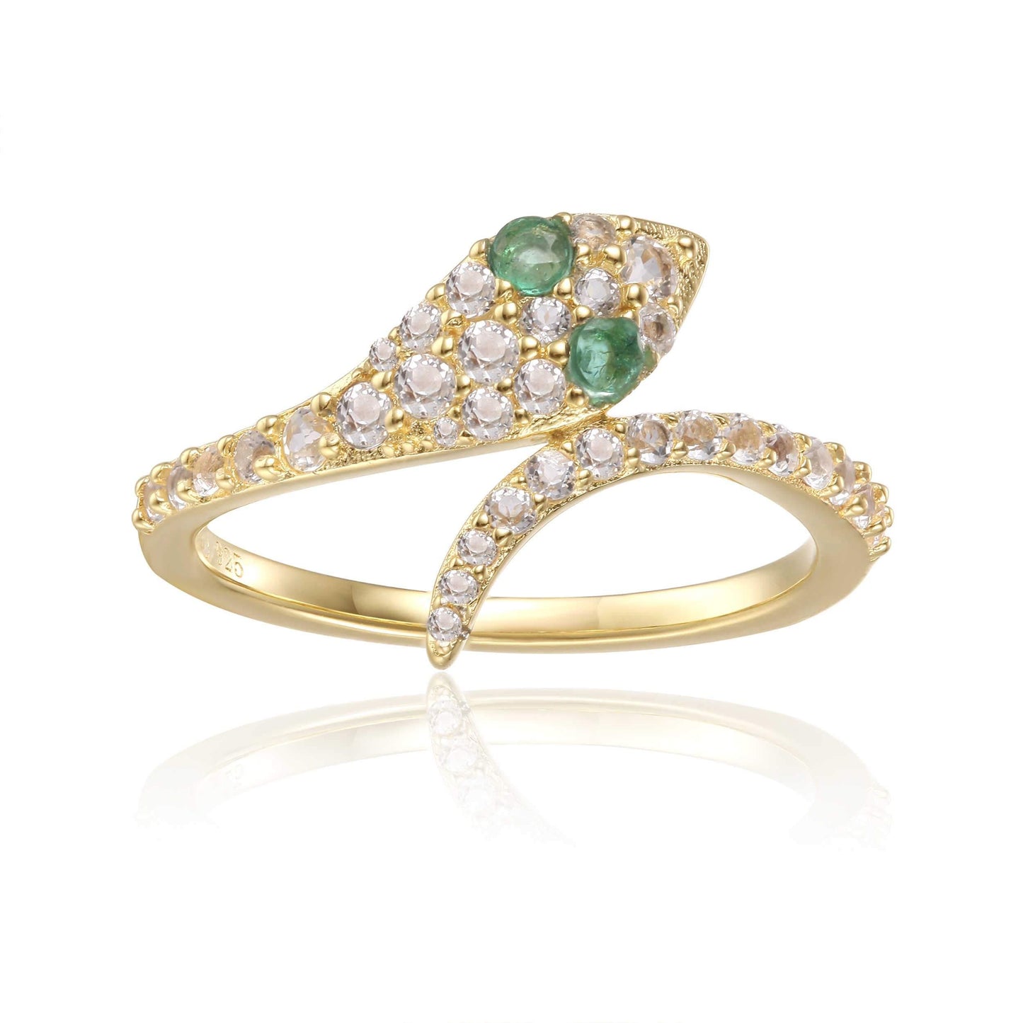 Round Green Emerald Prong Yellow Gold Over Silver Snake Bypass Ring