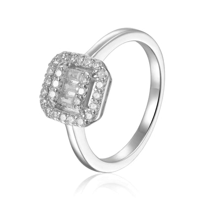 Baguette White Topaz Prong Sterling Silver Fashion Halo Ring