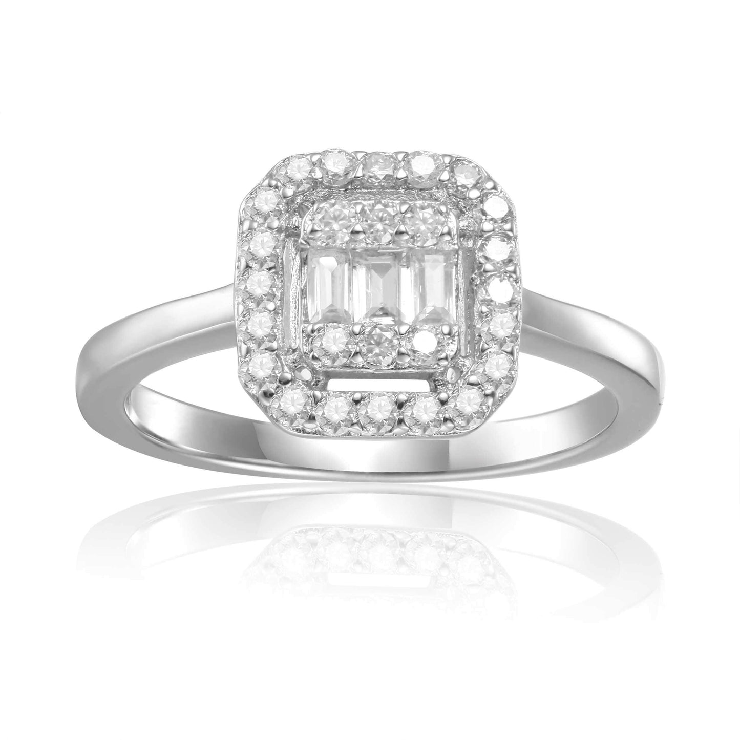 Baguette White Topaz Prong Sterling Silver Fashion Halo Ring