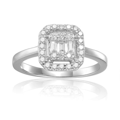 Baguette White Topaz Prong Sterling Silver Fashion Halo Ring