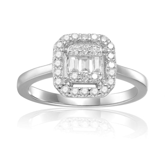 Baguette White Topaz Prong Sterling Silver Fashion Halo Ring