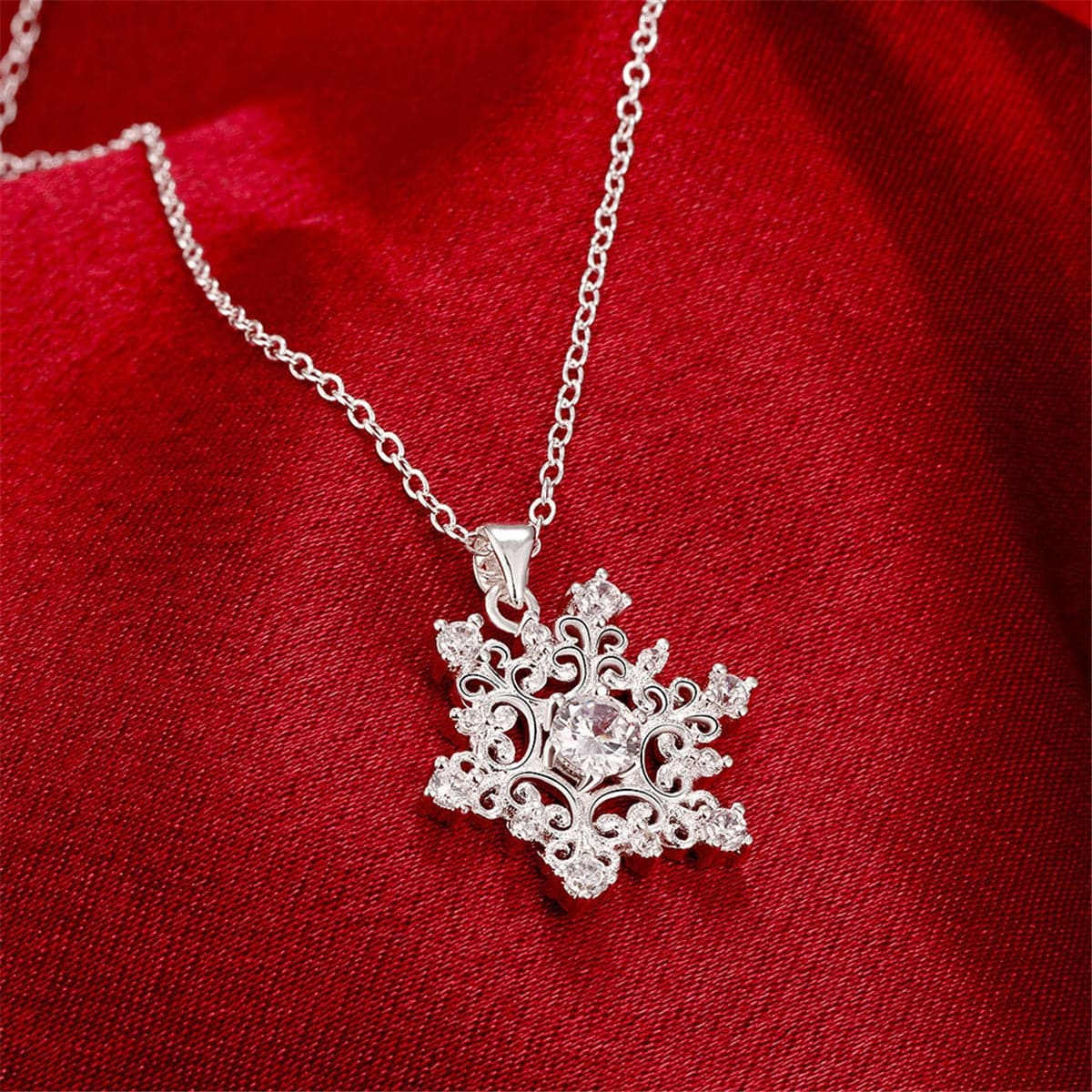 White Cubic Zirconia & Silvertone Snowflake Pendant Necklace