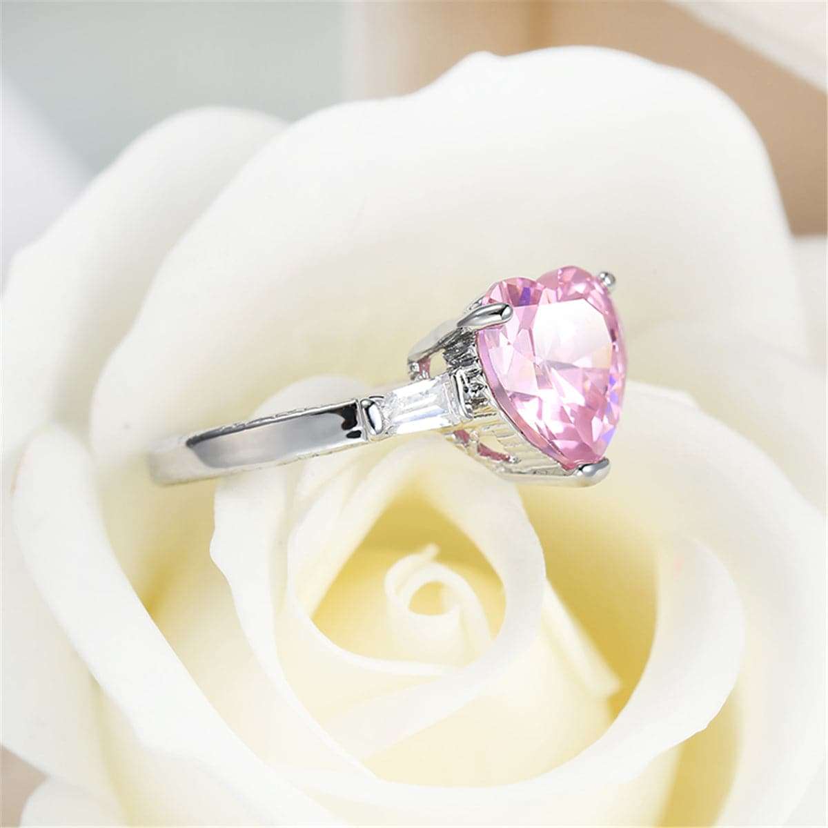 Pink Crystal & Silvertone Heart Ring-12