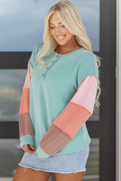Threaded Pear Aria Knit Colorblock Henley Top