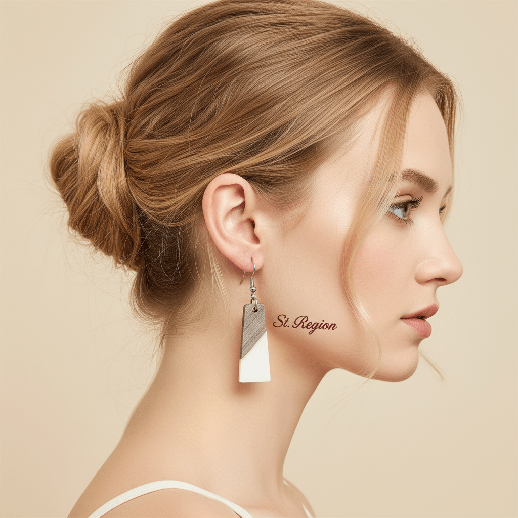 White Resin & Wood Silvertone Patchwork Trapezoid? Hook Earrings