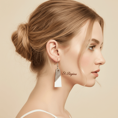 White Resin & Wood Silvertone Patchwork Trapezoid? Hook Earrings