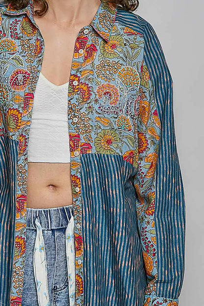 POL Patchwork Mixed Textured Paisley Floral Stripe Long Sleeve Shirt