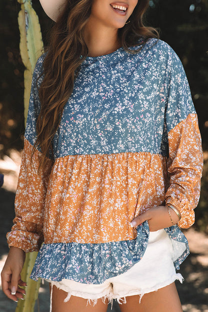 Threaded Pear Cecilia Floral Ruffled Hem Round Neck Blouse