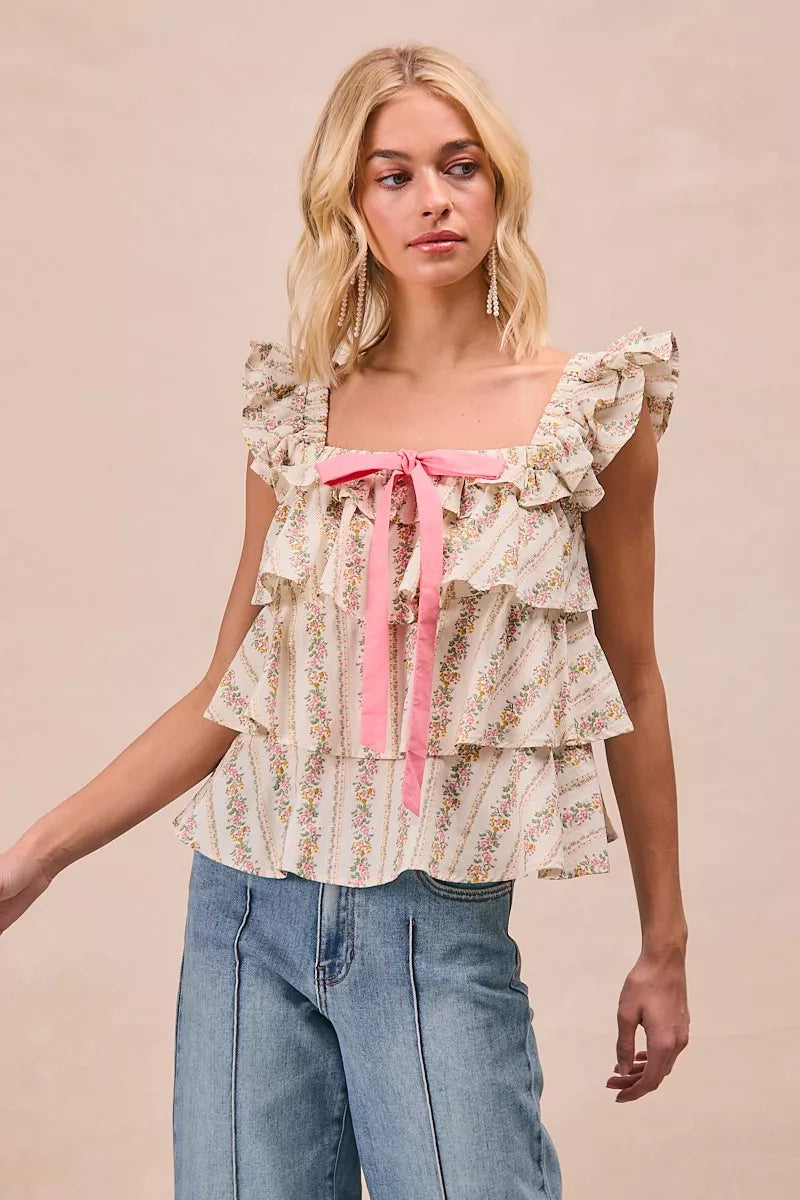 BiBi Floral Printed Woven Front Bow Tied Ruffled Square Neck Sleeveless Top
