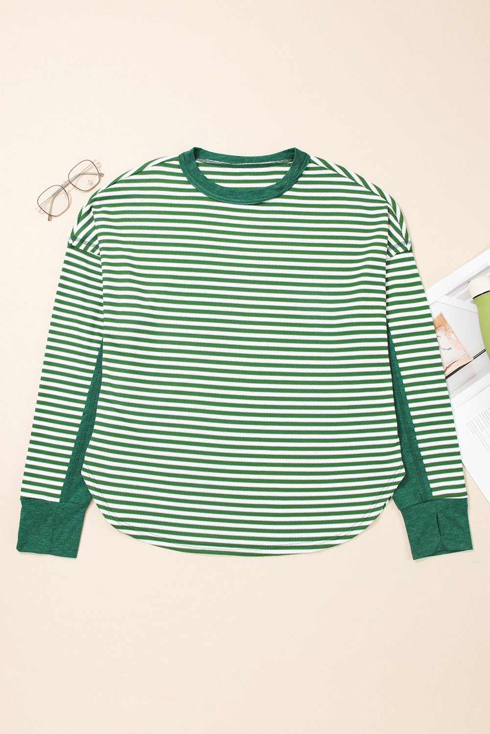 Threaded Pear Green Stripe Exposed Seam Patchwork Plus Size Thermal Top