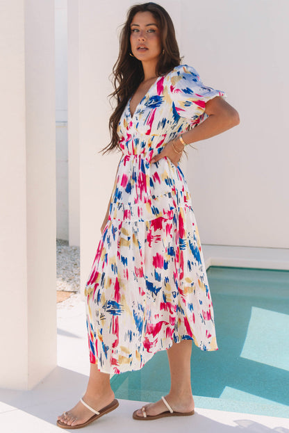 Threaded Pear Nyomi Short Puff Sleeve Tiered Maxi Dress