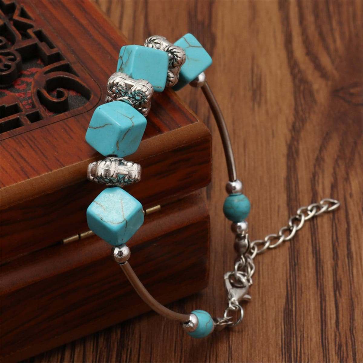 Turquoise & Silvertone Cube Charm Bracelet