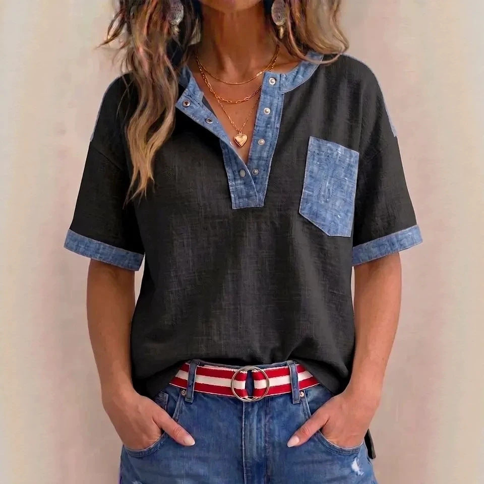 Women's Casual Loose-Fit Color-Block Patchwork Short-Sleeve Top