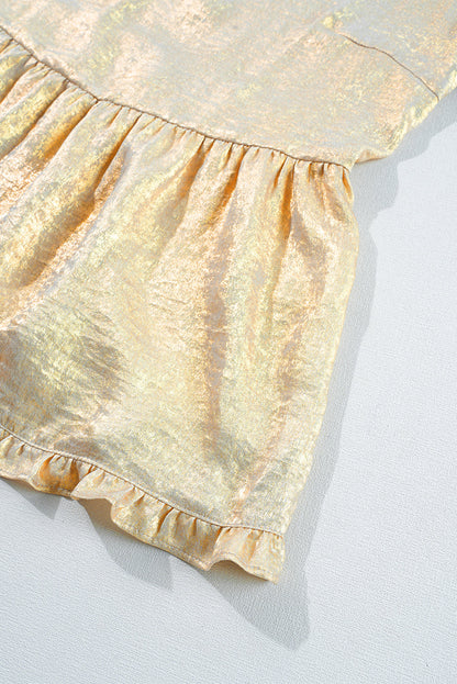 Threaded Pear Metallic Frilled V Neck Puff Sleeve Babydoll Blouse