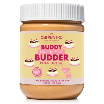 Buddy Budder Banana Split, 100% Natural Dog Peanut Butter, Perfect Treat for Pill Pocket, Training, Stuffing Toys & More! Made in Usa (12oz Jar)