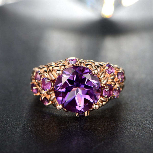 Purple Crystal & Rose Goldtone Seed-Texture Ring
