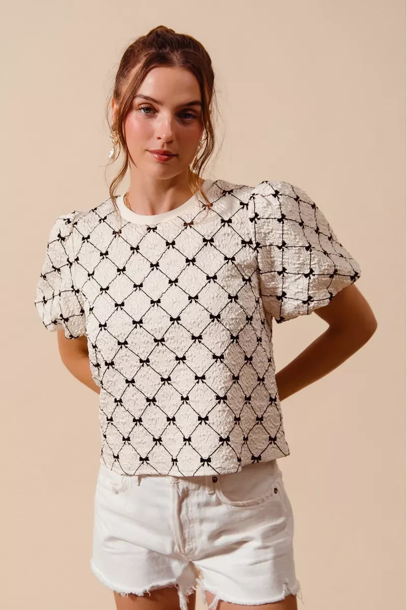 SO ME Bow Texture Woven Bubble Sleeve Top