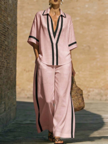 Women’s Color Block Shirt and Wide-Leg Pants Set