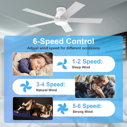 52" Ceiling Fan with Lights, White Flush Mount Ceiling Fans, 5 Blades Low Profile Ceiling Fans, 6 Speeds DC Reversible, Dimmable, Modern Ceiling Fans for Bedroom, Living Room and Garage (White)