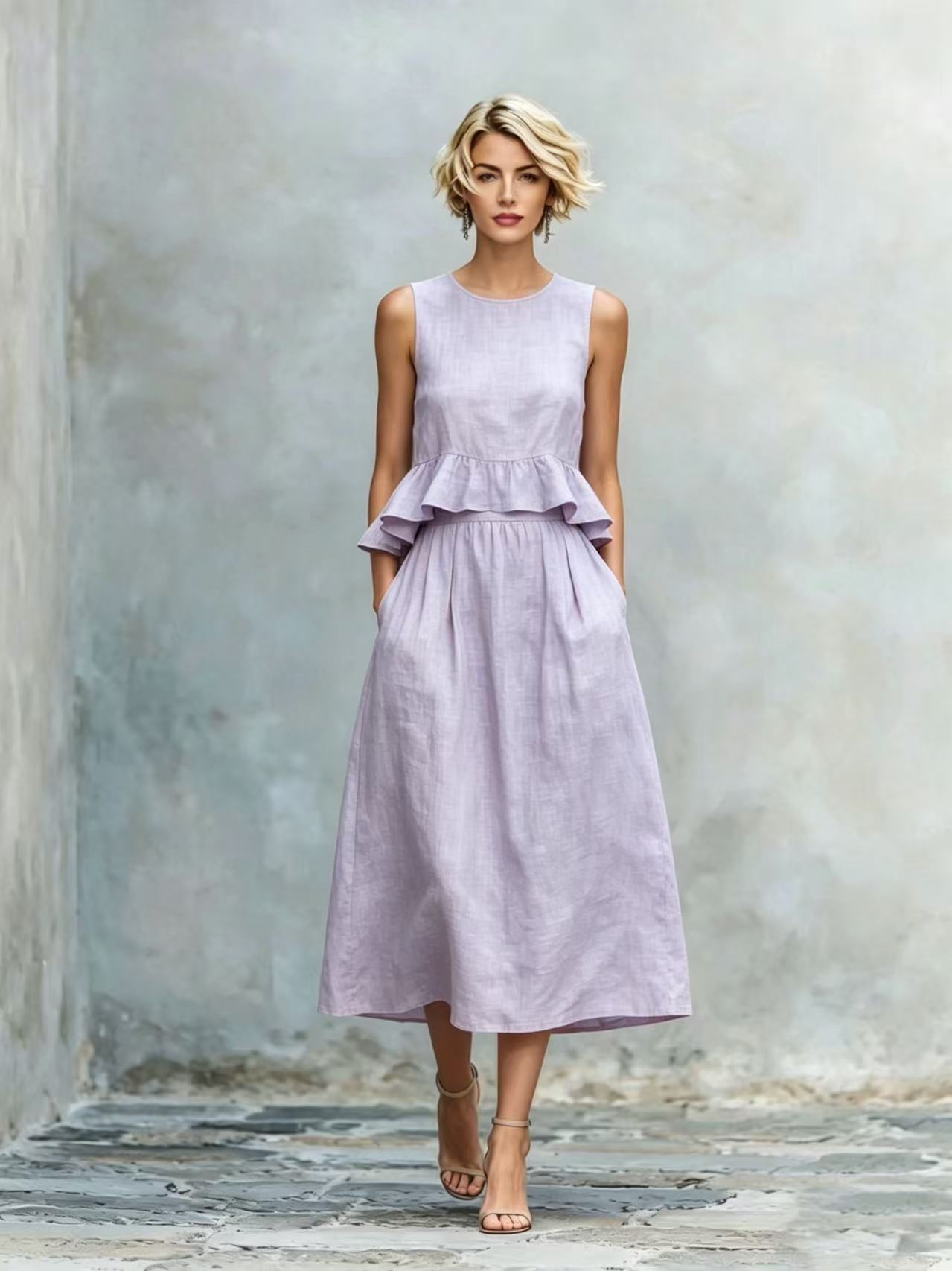 Women's Sleeveless High-Waist Ruffle Trim Maxi Dress
