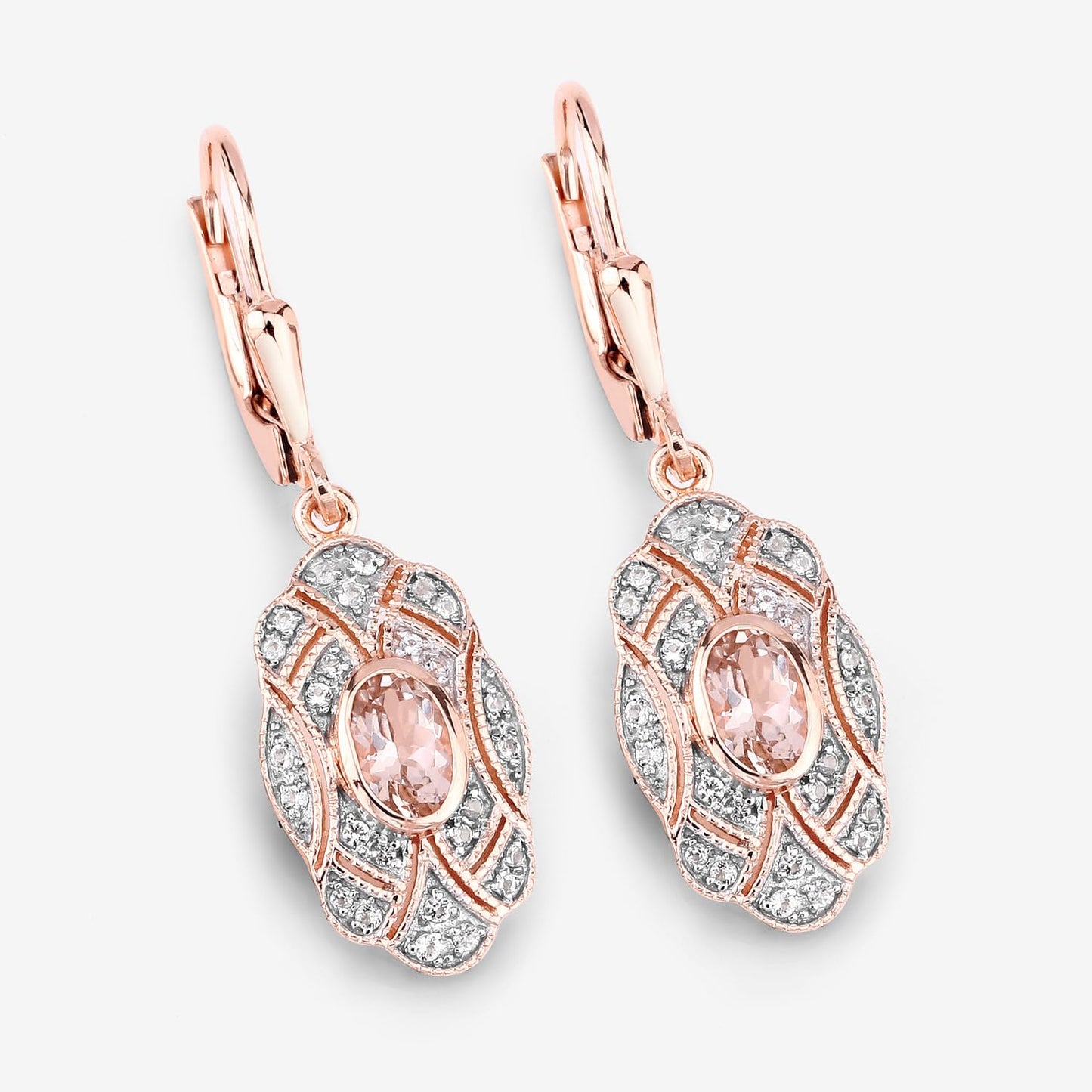 Oval Pink Morganite Bezel 18K Rose Gold Plated Silver Lever Back Dangle Earrings