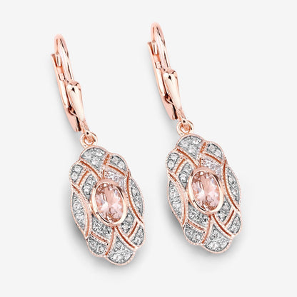 Oval Pink Morganite Bezel 18K Rose Gold Plated Silver Lever Back Dangle Earrings