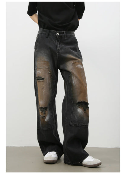Street Retro Jeans Men's Loose Hole Straight-leg Trousers