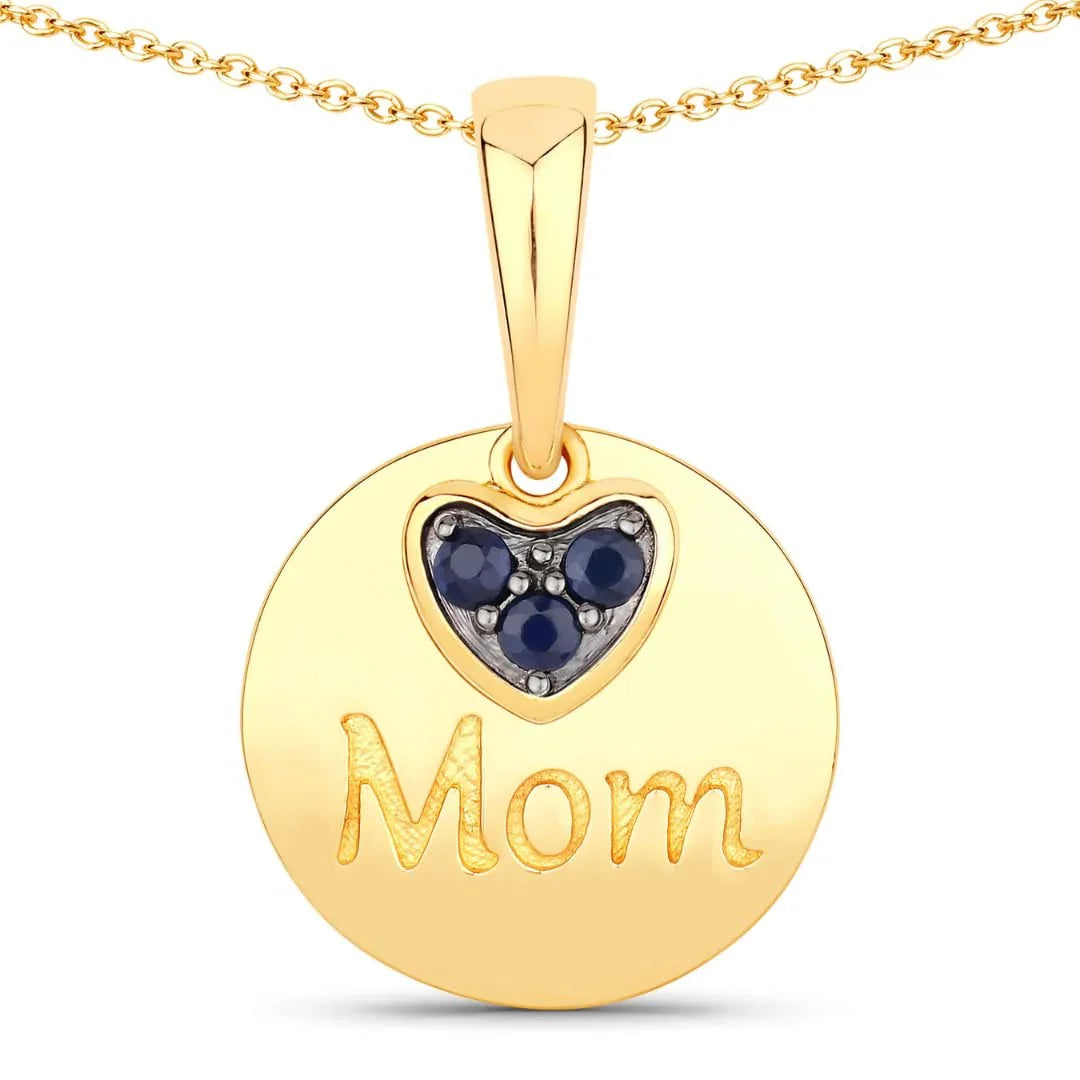Round Blue Sapphire Prong Gold Plated Silver Mom Heart Pendant Necklace