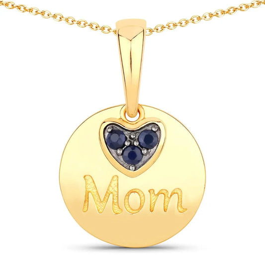 Round Blue Sapphire Prong Gold Plated Silver Mom Heart Pendant Necklace