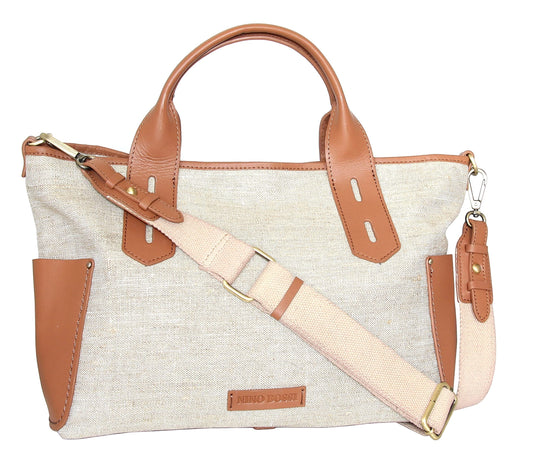 Delana Linen/Leather Tote in Cognac