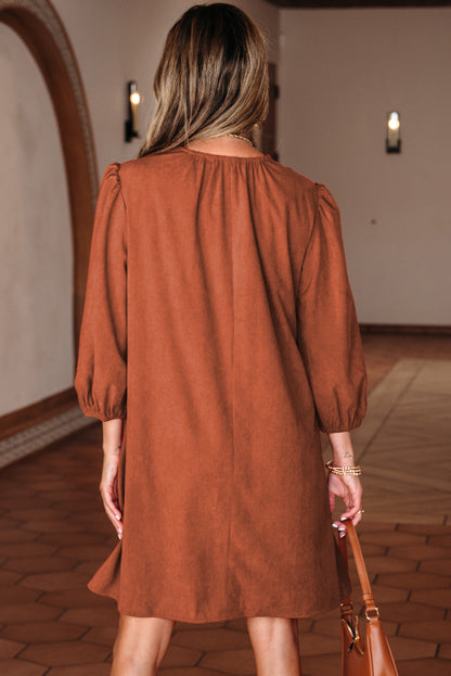 Threaded Pear Alyssa Split Neck Scallop Detail Pleated Corduroy Mini Dress