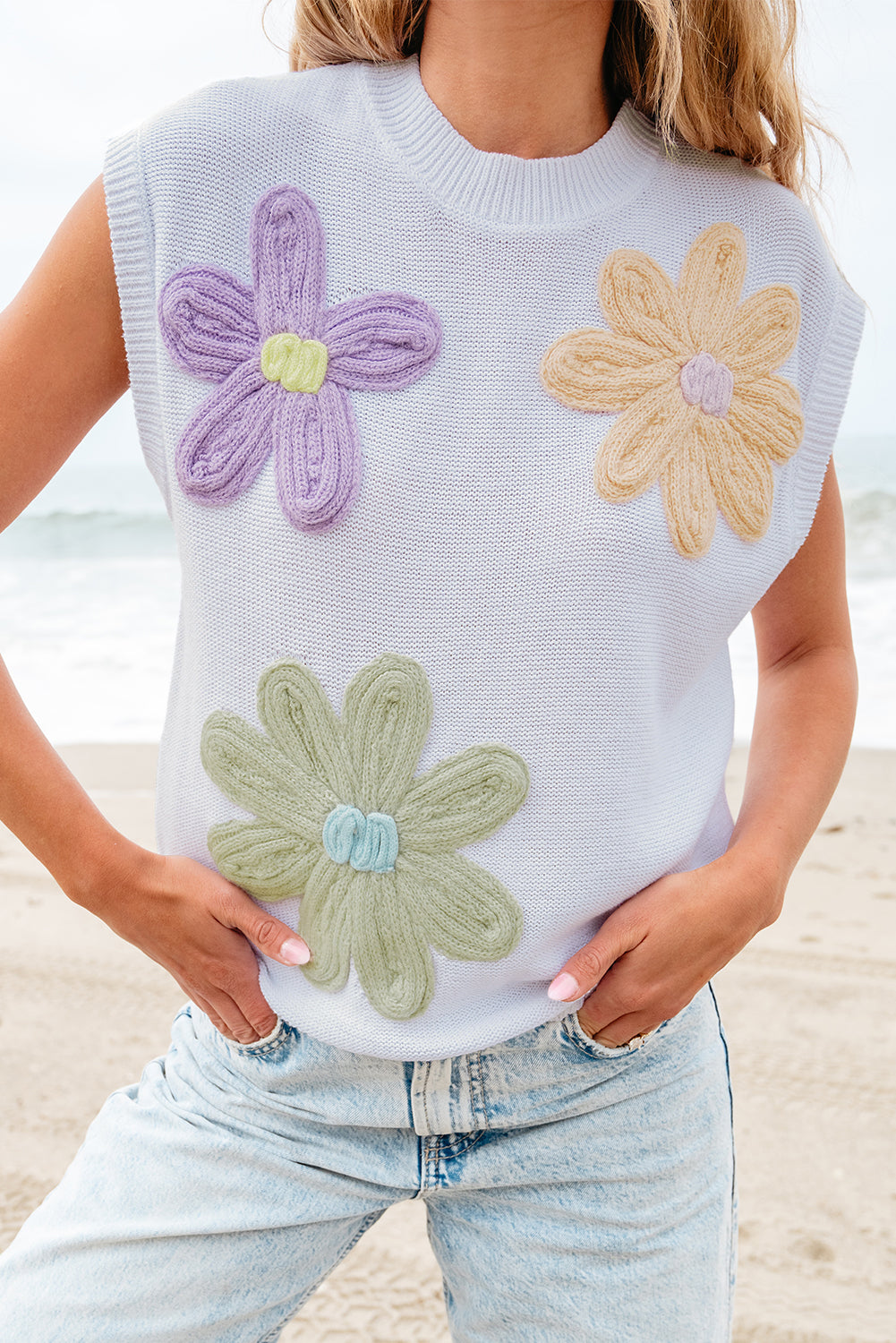 Threaded Pear Hannah Crochet Flower Knit Short Sleeve Sweater Top