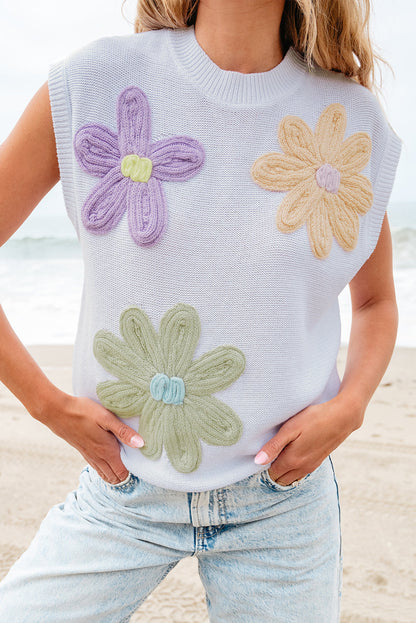 Threaded Pear Hannah Crochet Flower Knit Short Sleeve Sweater Top