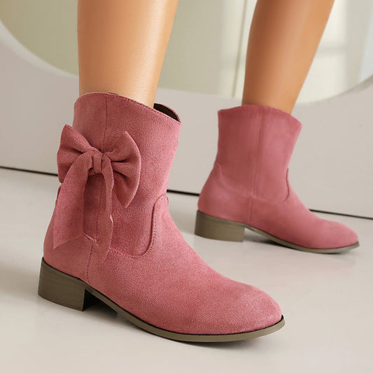 Women’s Low Heel Suede Bow Boots | Large Size Casual Winter Ankle Boots