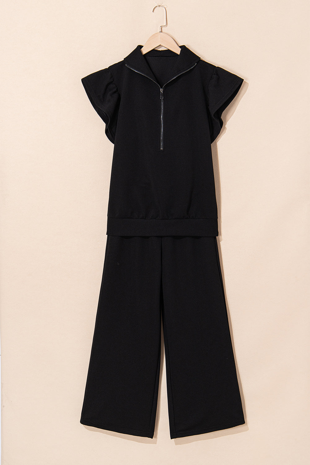 Threaded Pear Kallie Ruffled Sleeve Zipped Top and Wide Leg Pants Set