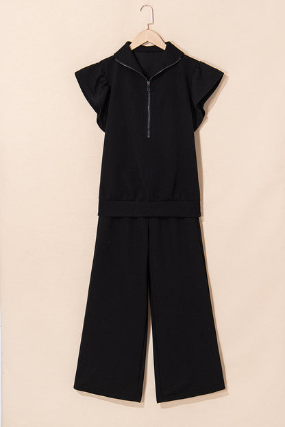 Threaded Pear Kallie Ruffled Sleeve Zipped Top and Wide Leg Pants Set